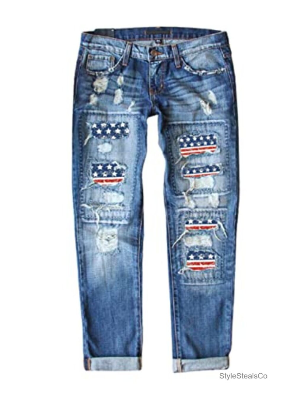 Womens Distressed Boyfriend Jeans Stretch Denim Ripped Patched High Rise Flared